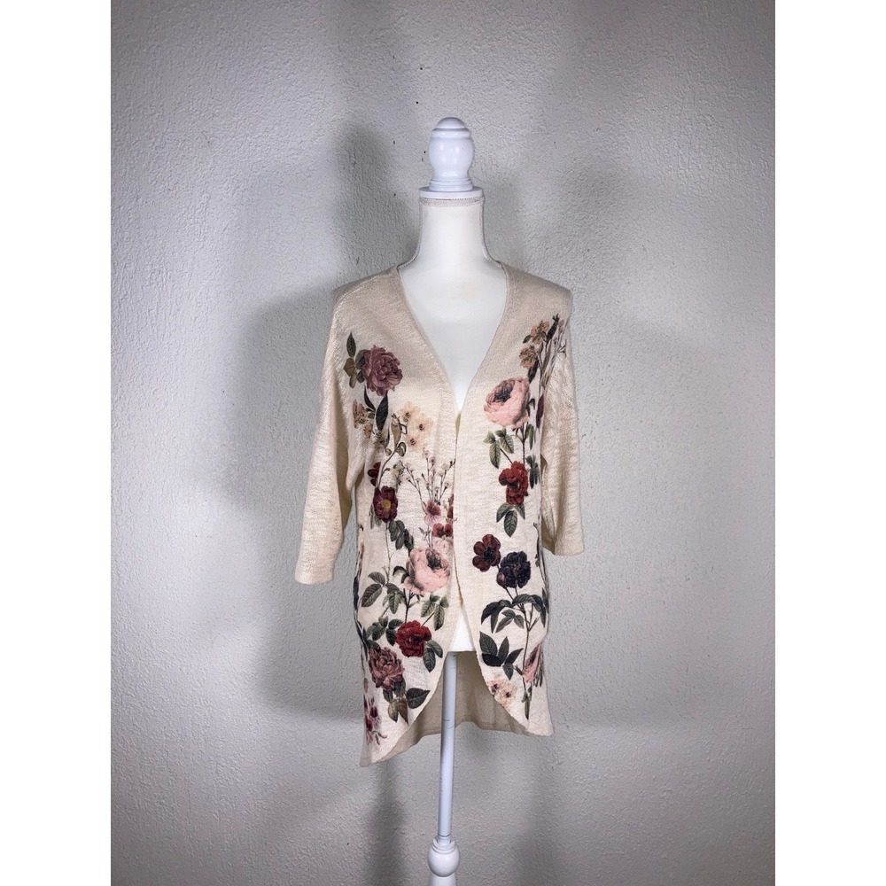 Live In The Moment Floral Open Front Cardigan Cream Rose‎ Print 3/4 Sleeve L